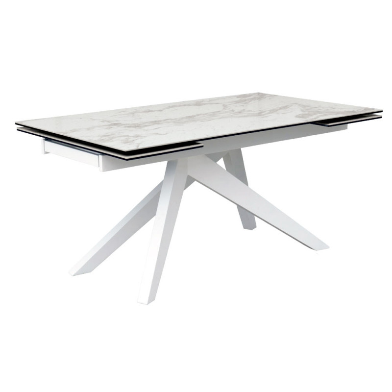 2264  Tavolo allungabile con base in metallo e piano in vetro/ceramica marmo bianco