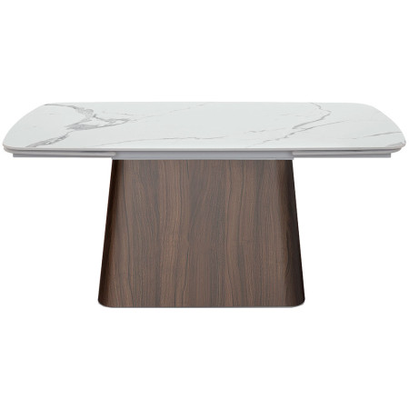 2305  Walnut metal table base, white statuary marble effect ceramic top
