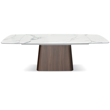 2305  Walnut metal table base, white statuary marble effect ceramic top