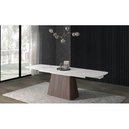 2305  Walnut metal table base, white statuary marble effect ceramic top
