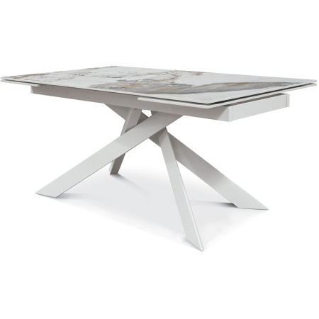 2311  Tavolo con base bianca in metallo, piano in ceramica lucida effetto marmo