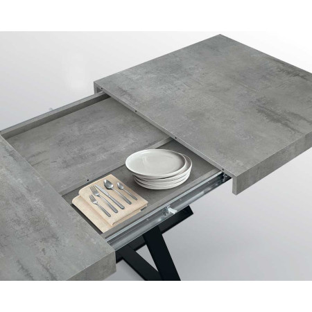 2327  Tavolo con base nera o bianca in metallo, piano allungabile grigio cemento