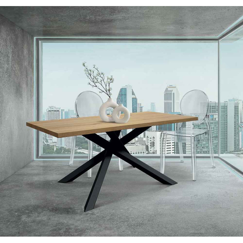 2337  Black metal table base, durmast wood melamine fixed top