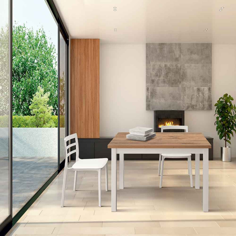 2342  Tavolo a libro o con 2 allunghe, base bianca e piano in rovere