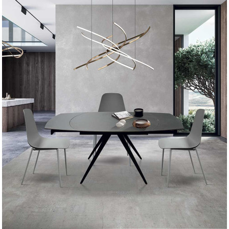 2358  Tavolo allungabile con base in metallo, piano rotante in ceramica grigia