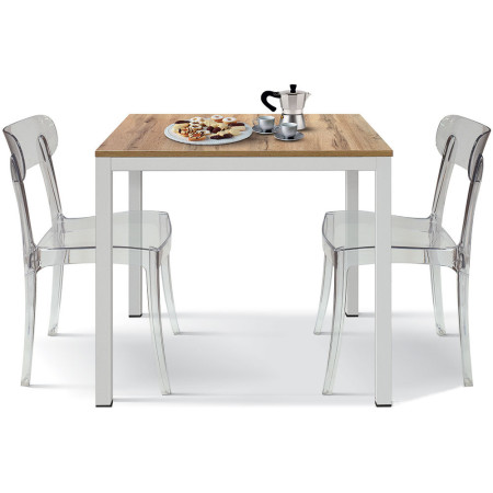 2366  Tavolo con base bianca in metallo, piano fisso bianco, grigio, o rovere