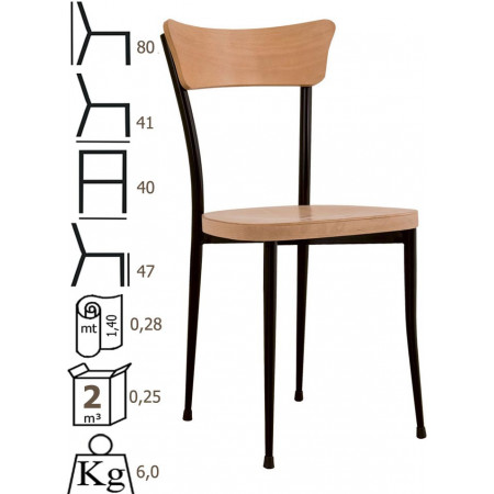 160 Sedia in acciao nero, seduta in legno, finiture a scelta