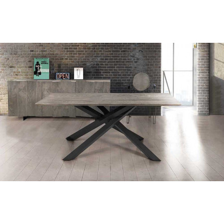 2276R Metal table base, solid lamellar knotty durmast wood top wheat finished