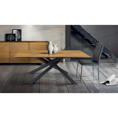 2276R Metal table base, solid lamellar knotty durmast wood top wheat finished