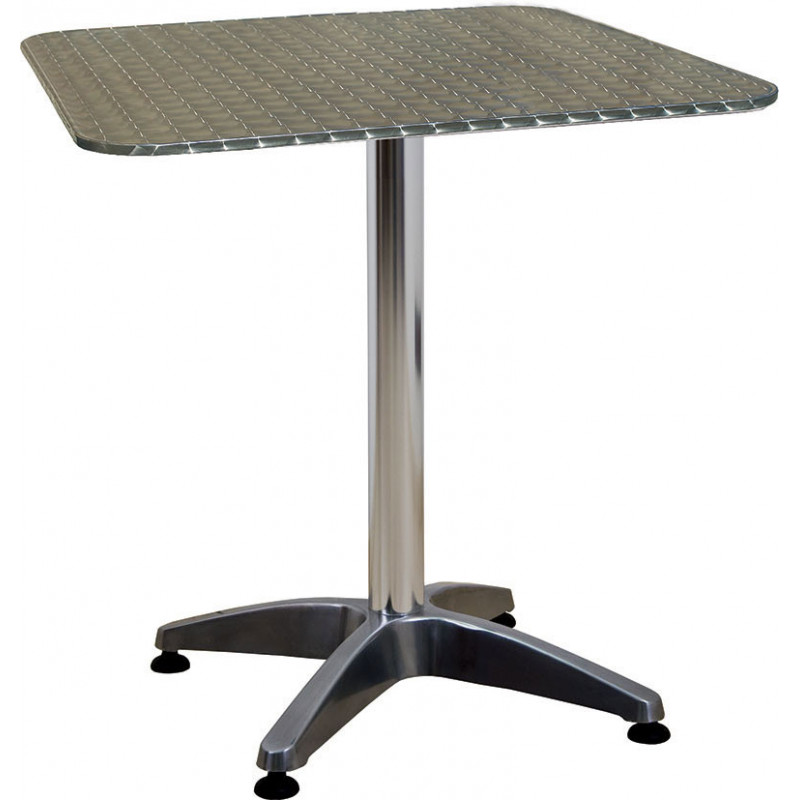 273T Tavolo con base appesantita in alluminio lucido, piano in acciaio inox fiorettato