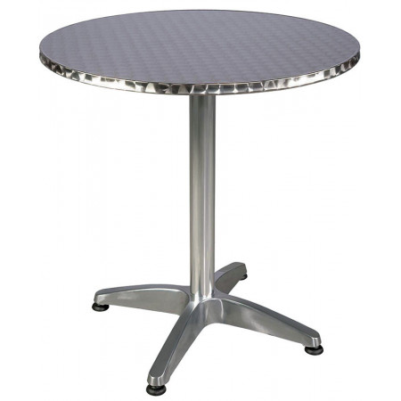 273T Tavolo con base appesantita in alluminio lucido, piano in acciaio inox fiorettato