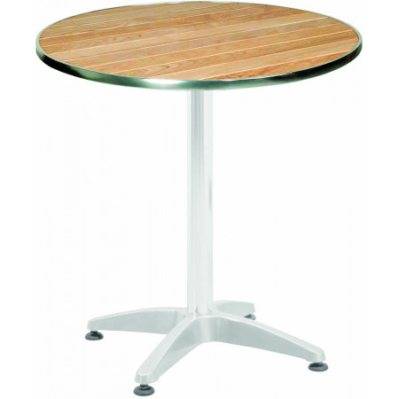 276T Tavolo con base appesantita in alluminio lucido, piano a doghe di rovere