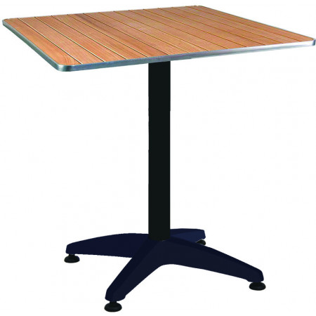 276T Tavolo con base appesantita in alluminio lucido, piano a doghe di rovere