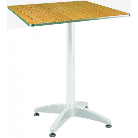 276T Tavolo con base appesantita in alluminio lucido, piano a doghe di rovere