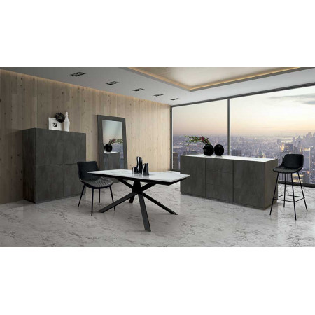 2335  Tavolo allungabile con base in metallo, piano in melaminico ceramica bianca,  grigio, o rovere