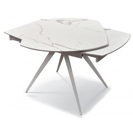 2356  Tavolo allungabile con base in metallo e piano rotante in ceramica effetto marmo bianco