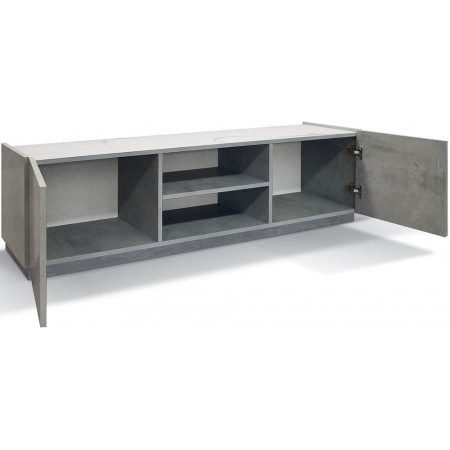 2386  Mobile TV 2 ante in melaminico grigio cemento, piano effetto marmo bianco