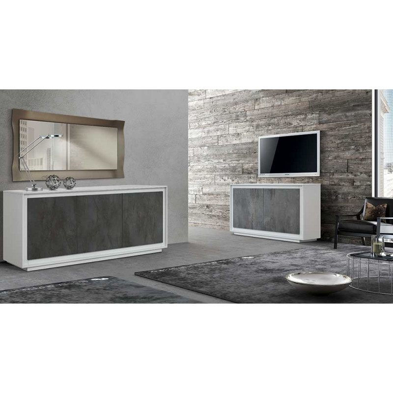 2389  Mobile credenza 2 o 3 ante in melaminico frassino bianco con porte acciaio ossidato