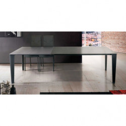2197  Extending table with metal base and grey, white, dark grey glass top